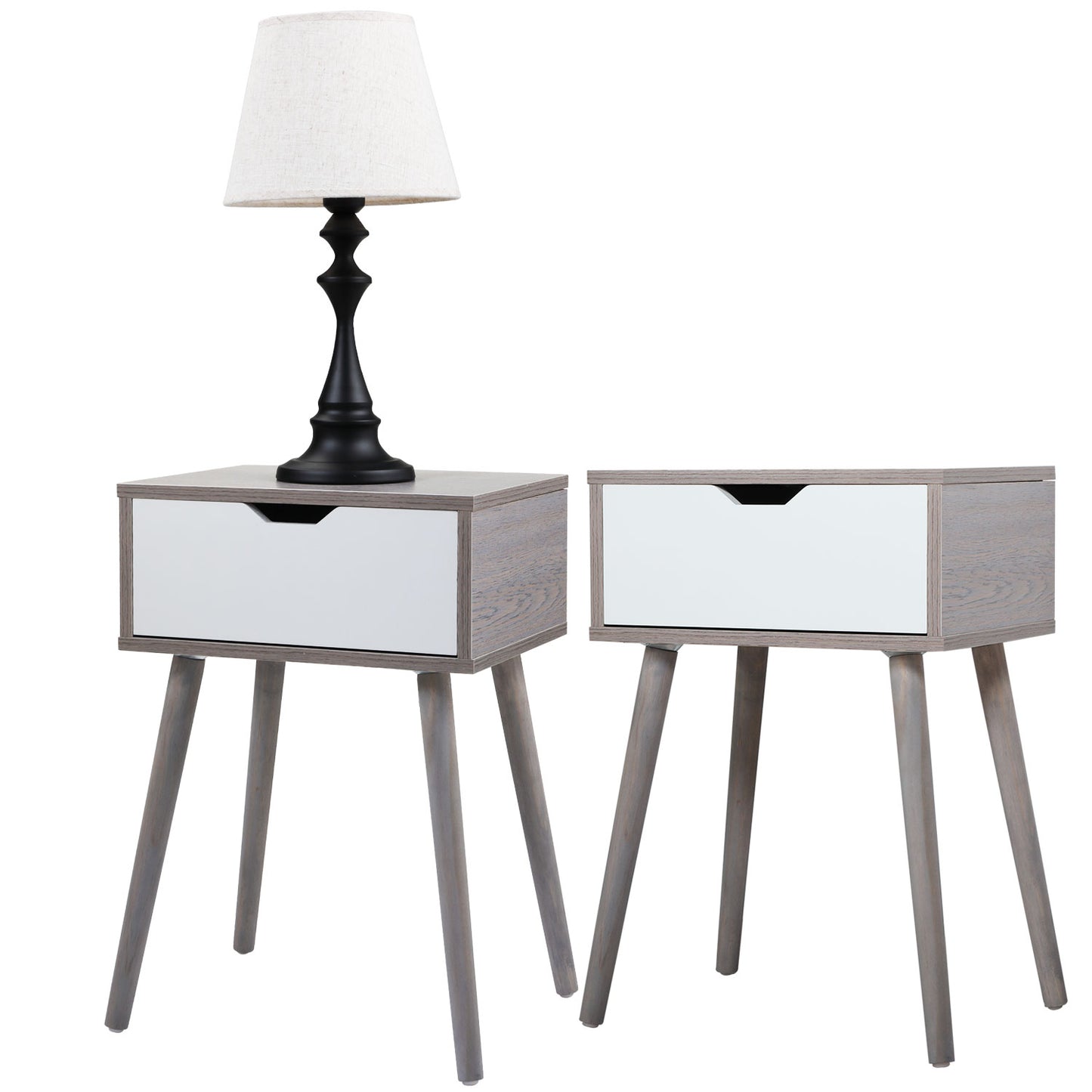 Sesslife Nightstand Set of 2 with a Drawer, Solid Wood Legs Furniture Bedside Table, Modern End Side Table, Versatile Nightstand, Corner Storage Cabinet for Bedroom Sofa Entryway, White+Natural