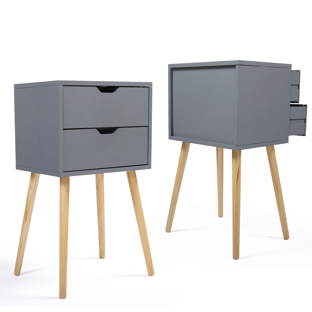 Sesslife Night Stand Set of 2, Solid Wood Legs Furniture Bedside Table, Modern End Side Table with 2 Drawers, Versatile Nightstand for Bedroom Sofa Entryway, Gray