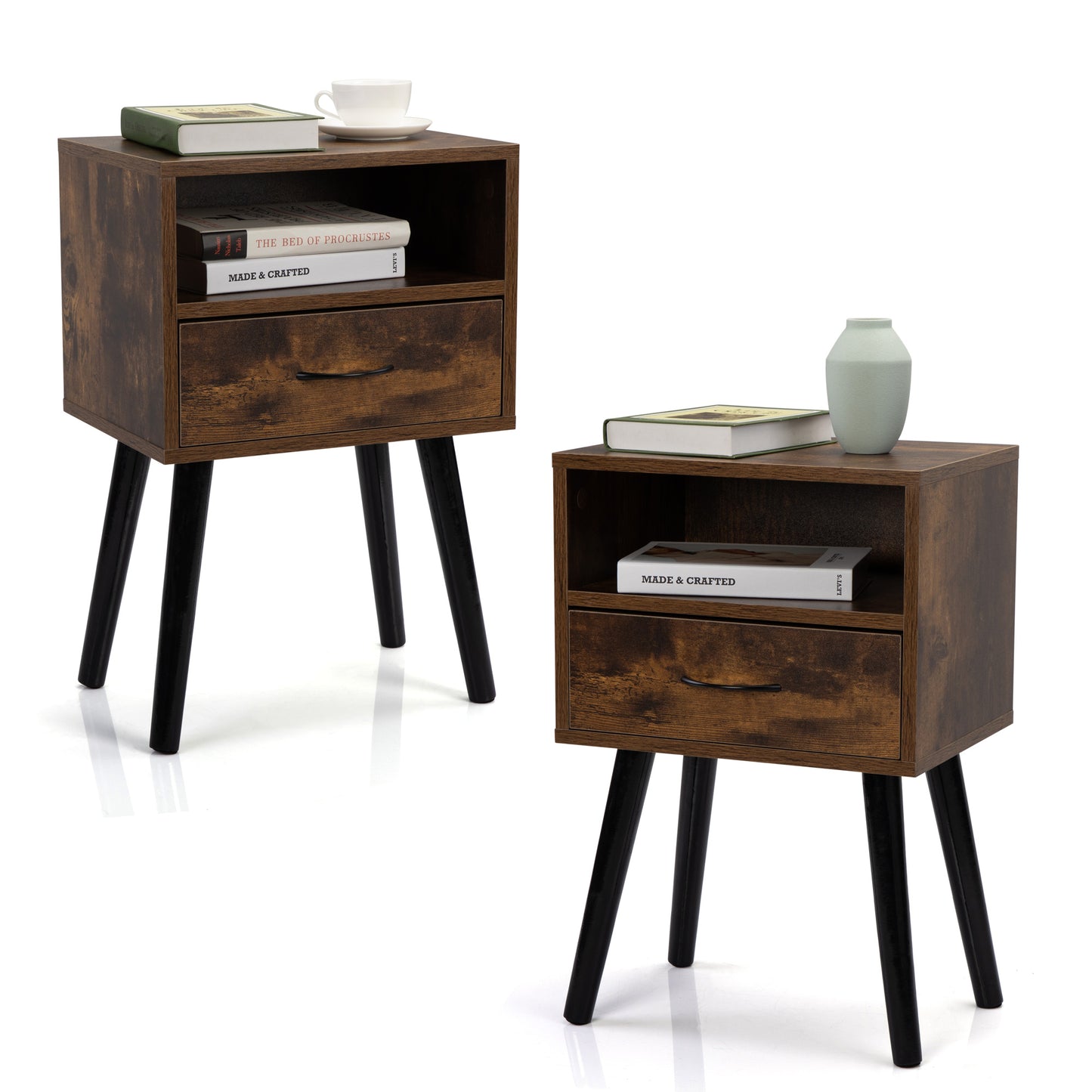 Sesslife Night Stand Set of 2, Solid Wood Legs Furniture Bedside Table, Modern End Side Table with 2 Drawers, Versatile Nightstand for Bedroom Sofa Entryway, Gray