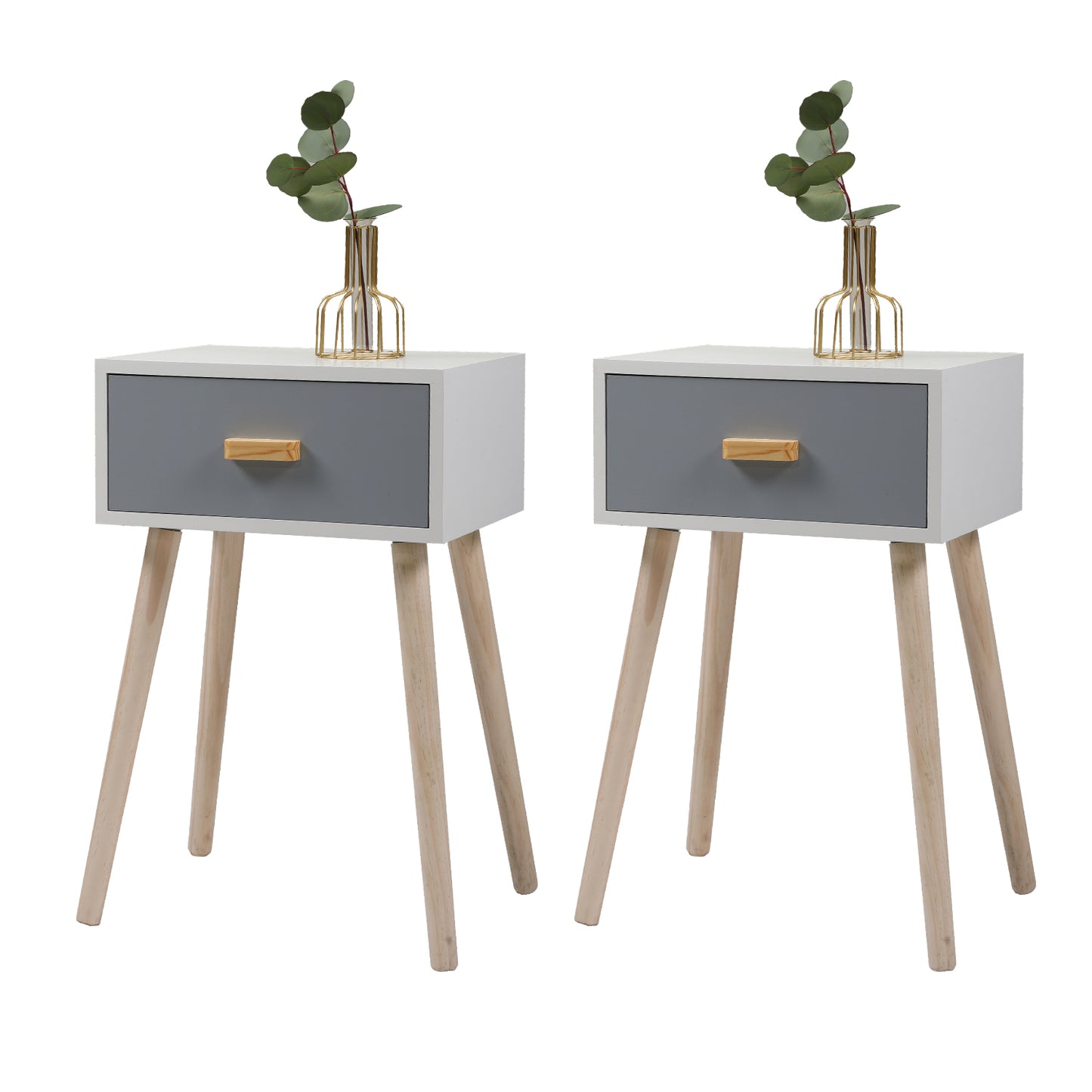 Sesslife Night Stand Set of 2, Solid Wood Legs Furniture Bedside Table, Modern End Side Table with 2 Drawers, Versatile Nightstand for Bedroom Sofa Entryway, Gray