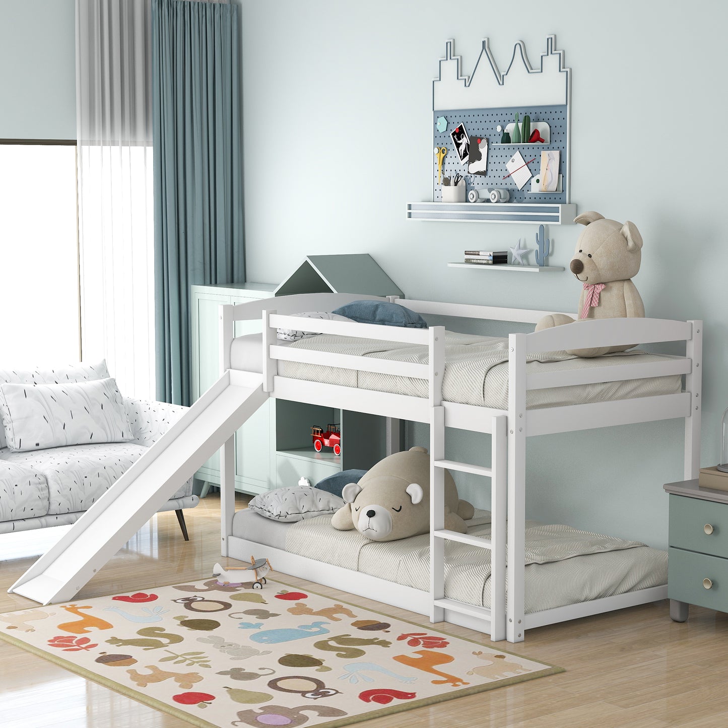 Floor Bunk Bed with Convertible Slide and Ladder, Wood Bunk Beds with Guardrail for Boys Girls Toddlers, Gray Twin Over Twin Bunk Bed, DT12