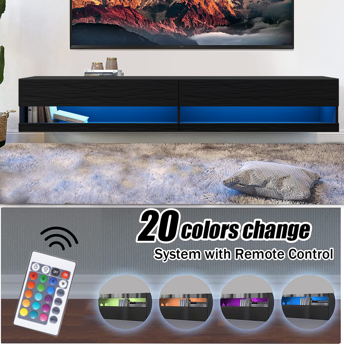 Sesslife Floating TV Stand Wall Mounted, LED Entertainment Center with Storage Cabinets, TV Stand for 80 Inch TV, Gaming Entertainment Center Console Table with Lights, Black