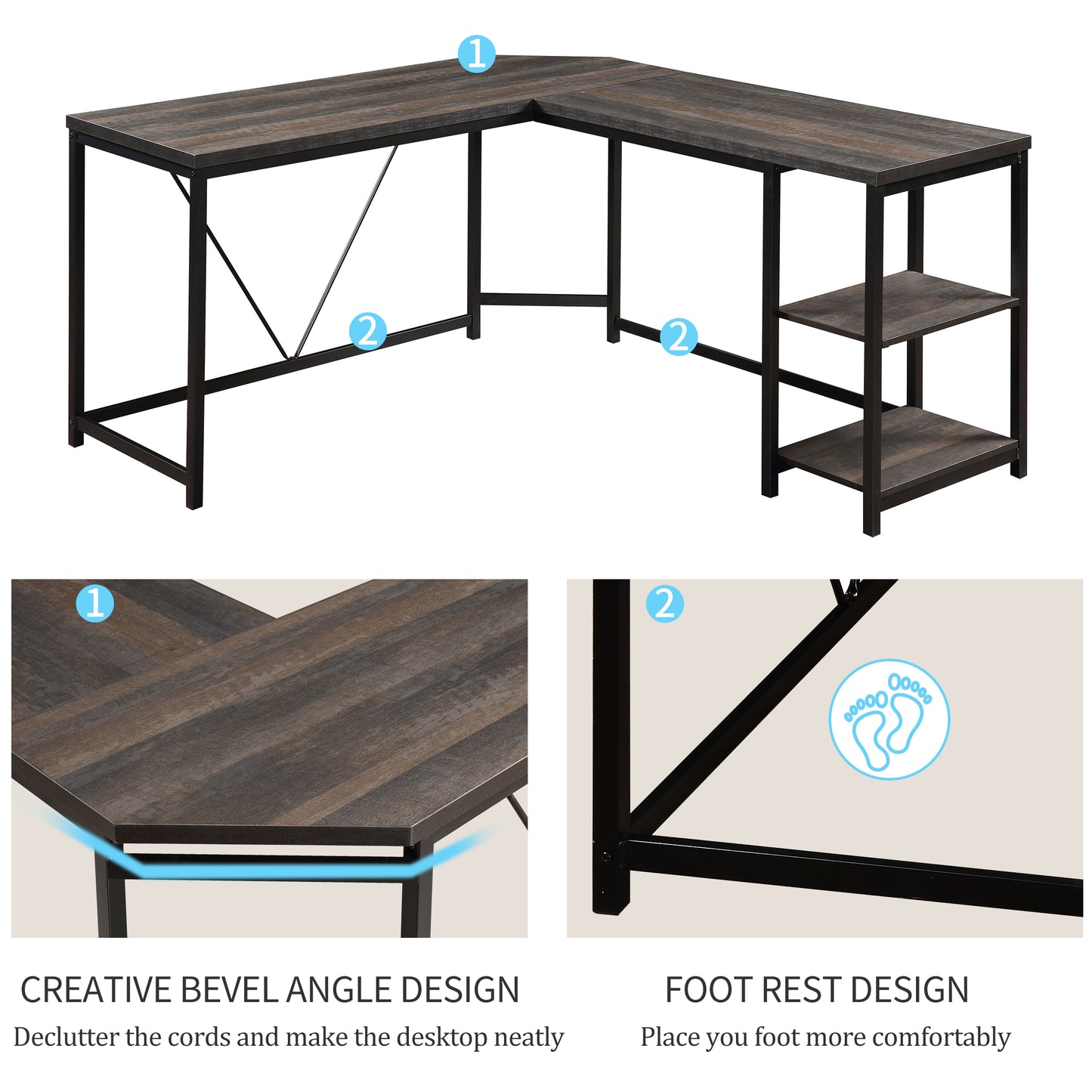 L Shaped Office Desk, Reversible Corner Gaming Computer Desk, Wood Office Writing Workstation Work Desk, DT22