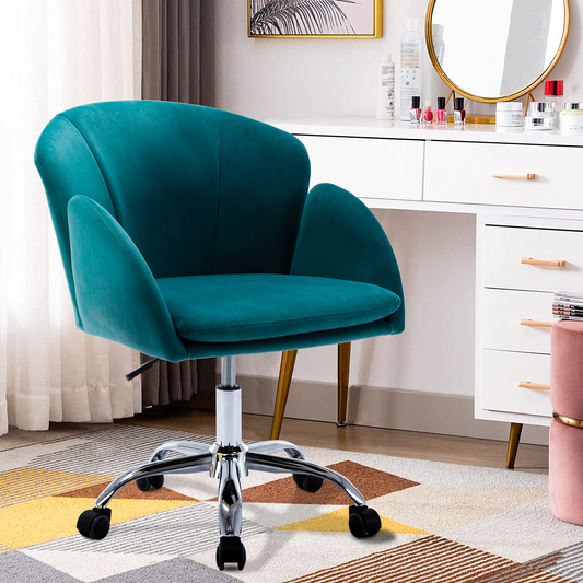 Vanity Makeup Chair, Velvet Office Chair on Wheels, Low-Back Computer Desk Chair, Teal Swivel Makeup Chair, DT6