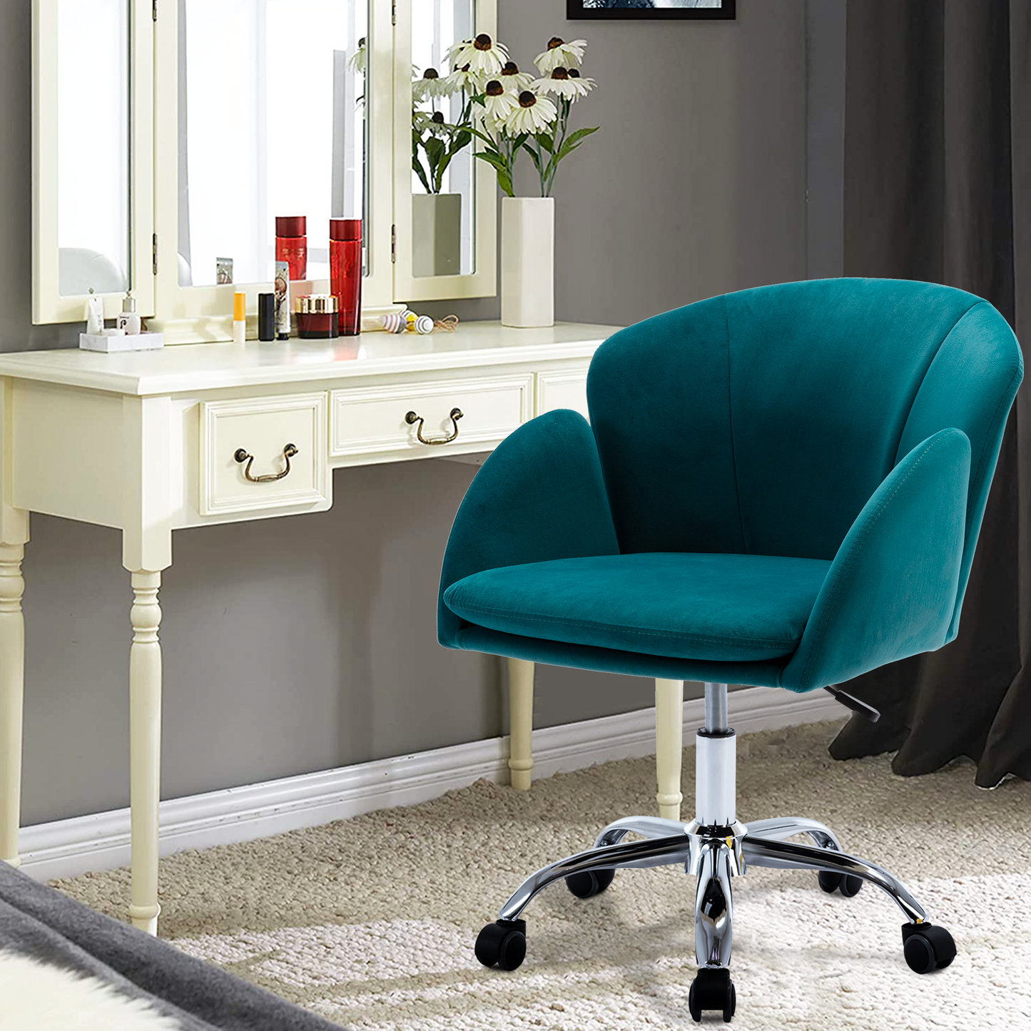 Vanity Makeup Chair, Velvet Office Chair on Wheels, Low-Back Computer Desk Chair, Teal Swivel Makeup Chair, DT6