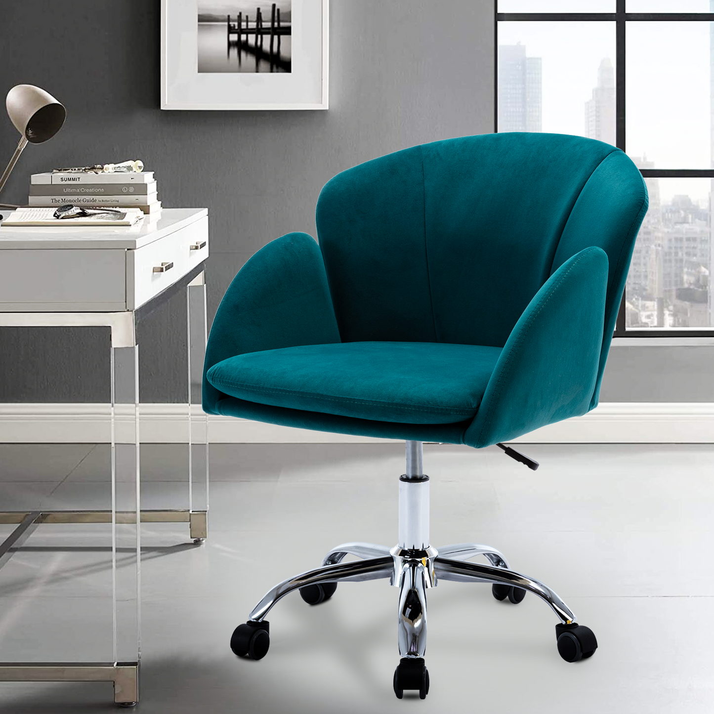 Vanity Makeup Chair, Velvet Office Chair on Wheels, Low-Back Computer Desk Chair, Teal Swivel Makeup Chair, DT6