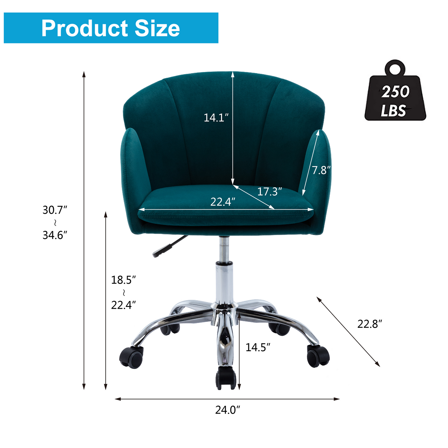 Vanity Makeup Chair, Velvet Office Chair on Wheels, Low-Back Computer Desk Chair, Teal Swivel Makeup Chair, DT6