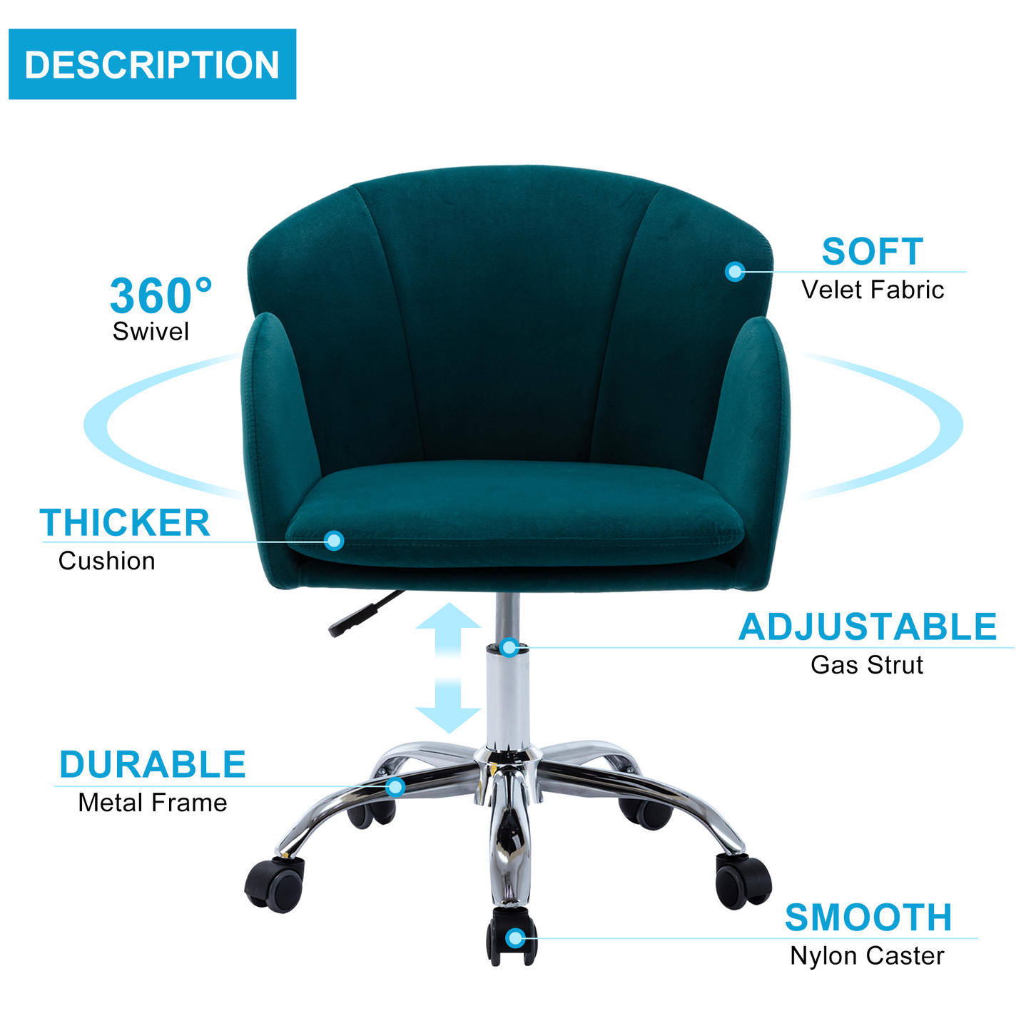 Vanity Makeup Chair, Velvet Office Chair on Wheels, Low-Back Computer Desk Chair, Teal Swivel Makeup Chair, DT6