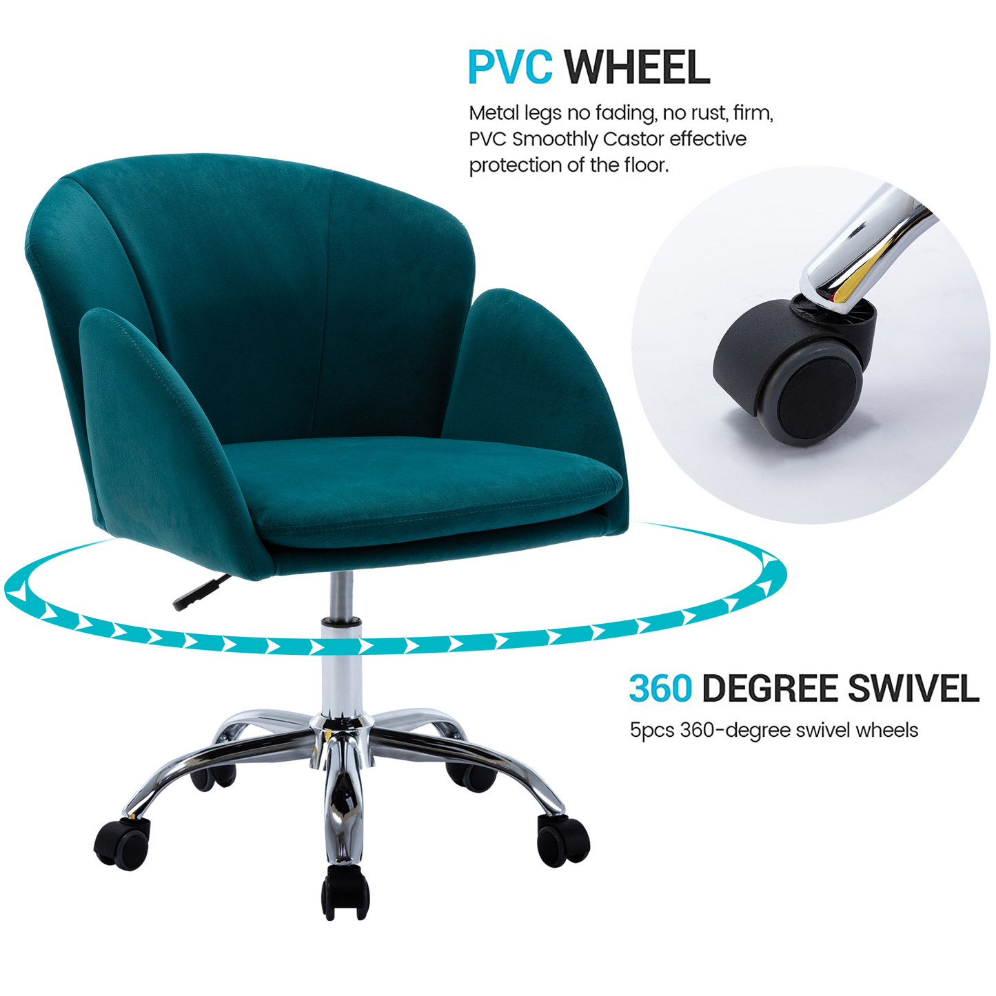 Vanity Makeup Chair, Velvet Office Chair on Wheels, Low-Back Computer Desk Chair, Teal Swivel Makeup Chair, DT6