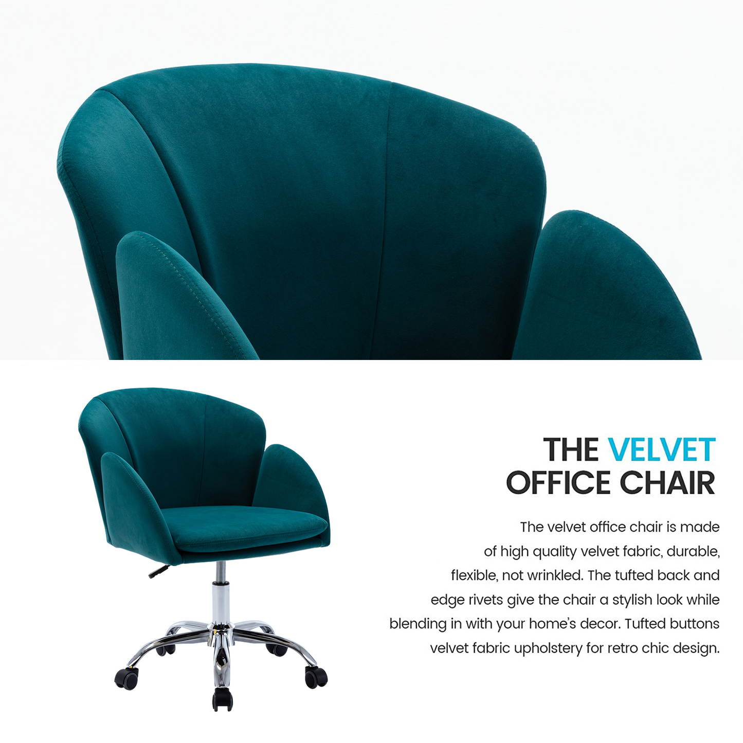 Vanity Makeup Chair, Velvet Office Chair on Wheels, Low-Back Computer Desk Chair, Teal Swivel Makeup Chair, DT6