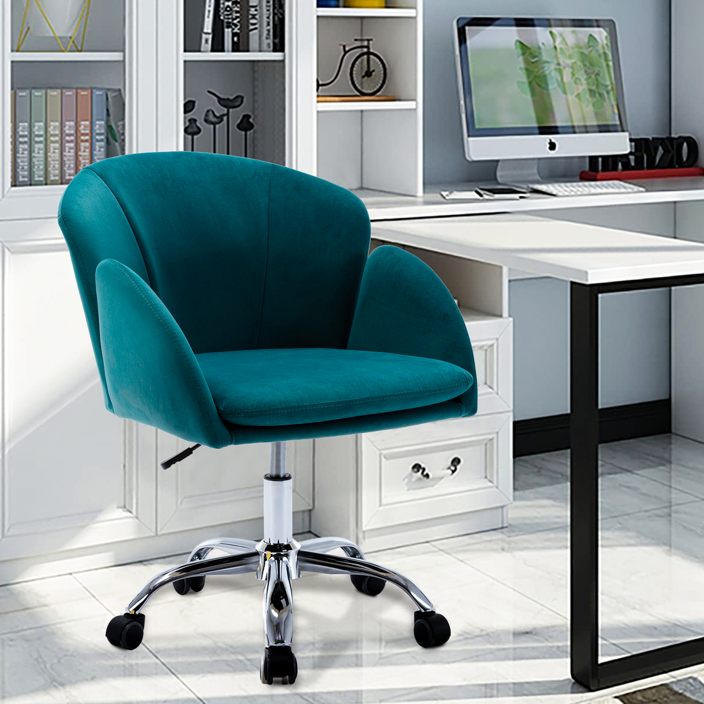 Vanity Makeup Chair, Velvet Office Chair on Wheels, Low-Back Computer Desk Chair, Teal Swivel Makeup Chair, DT6