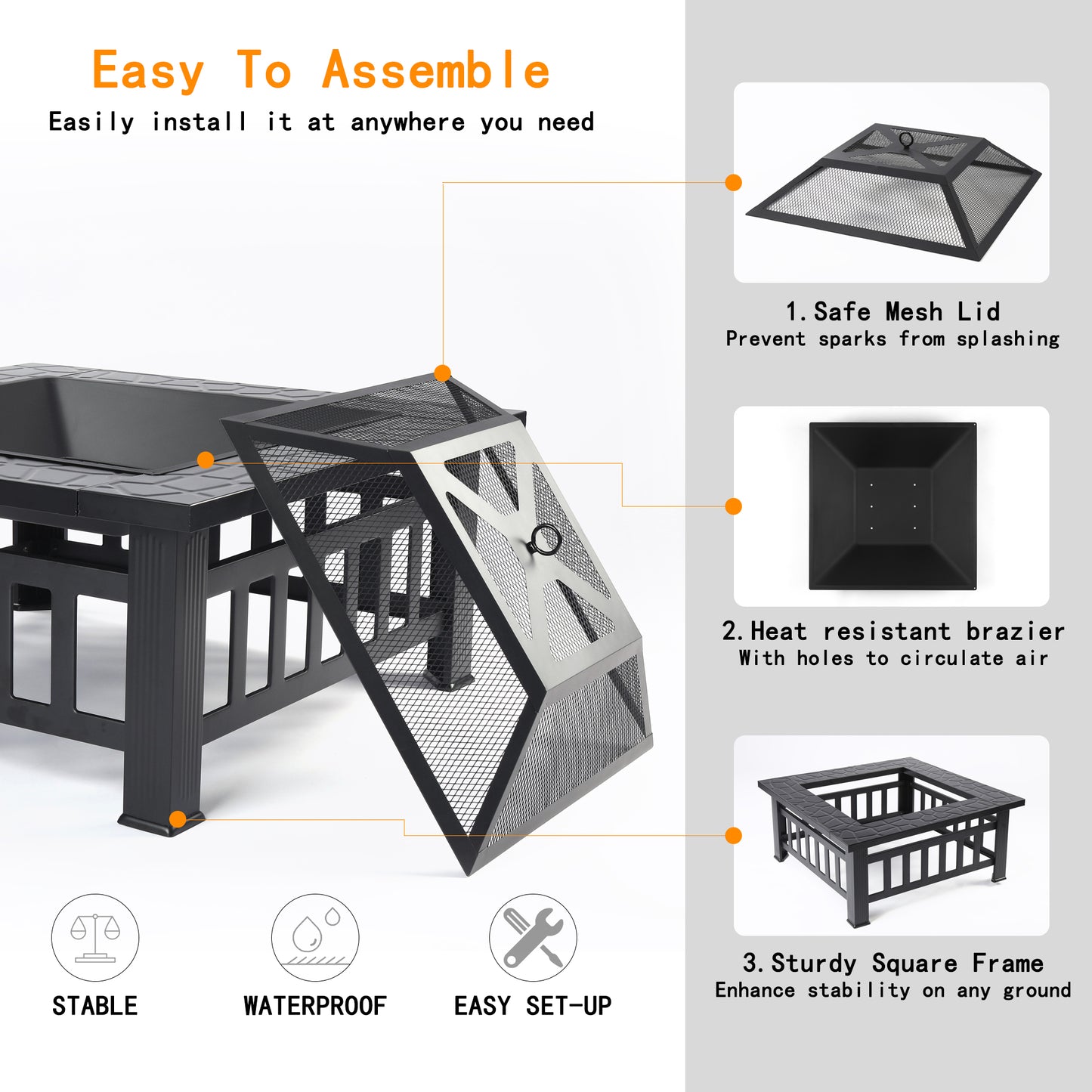 Wood Burning Fire Pit, 32" Square Metal Fire Pit for Patio with Rain Cover, Spark Screen, DT25