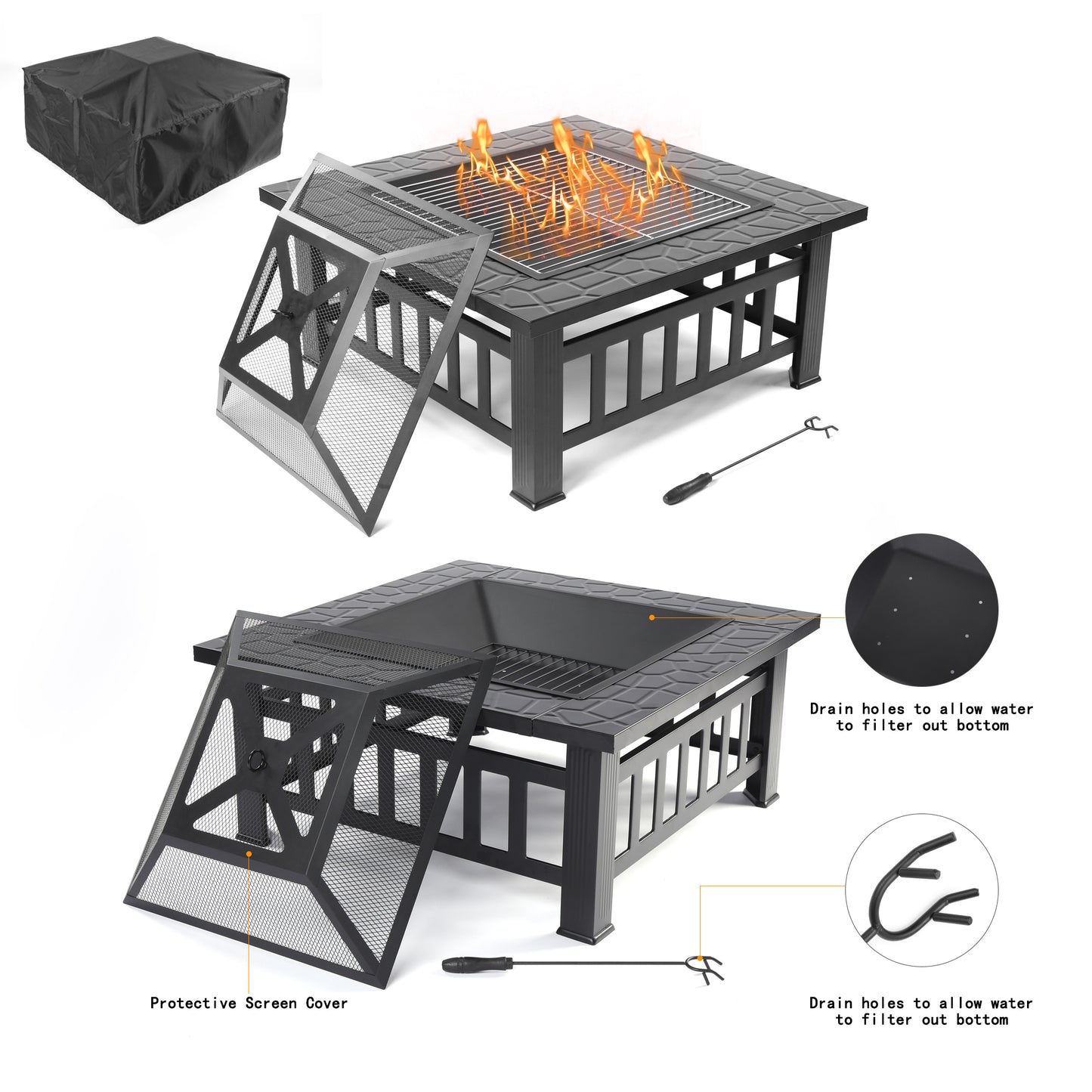 Wood Burning Fire Pit, 32" Square Metal Fire Pit for Patio with Rain Cover, Spark Screen, DT25