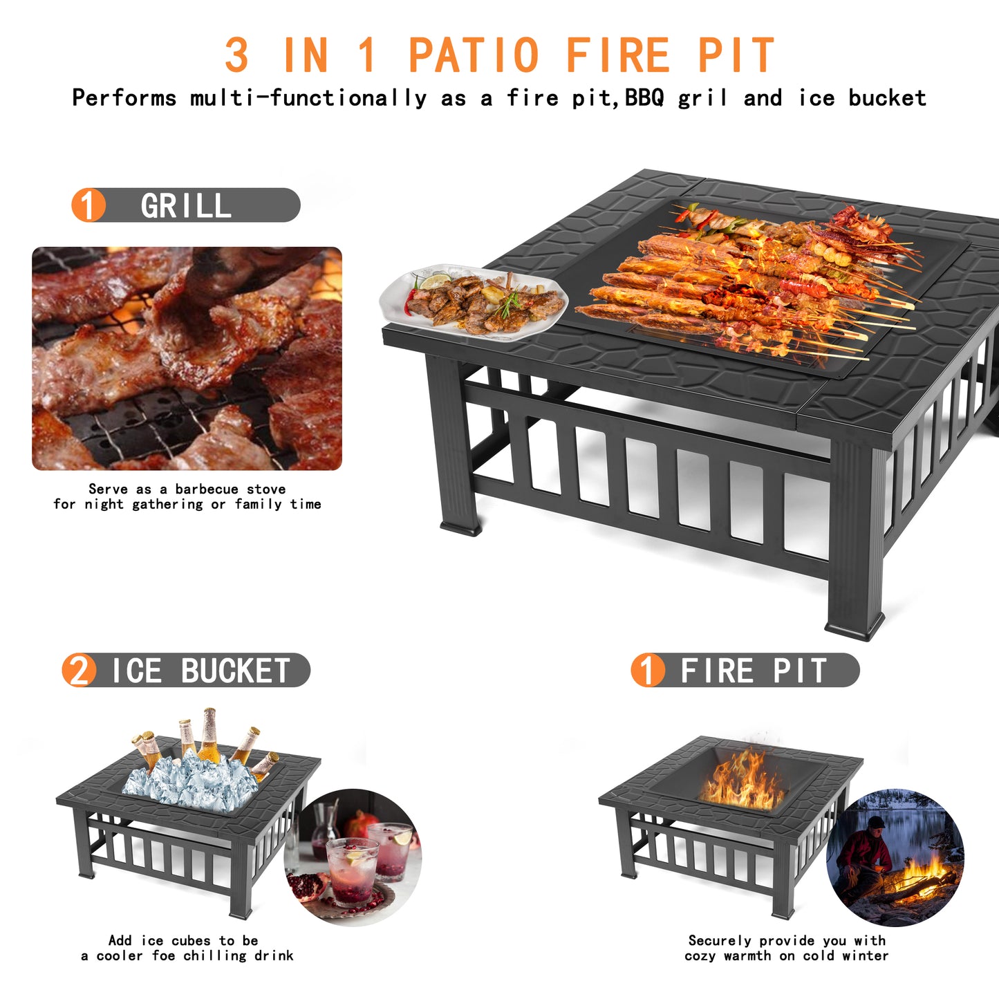 Wood Burning Fire Pit, 32" Square Metal Fire Pit for Patio with Rain Cover, Spark Screen, DT25