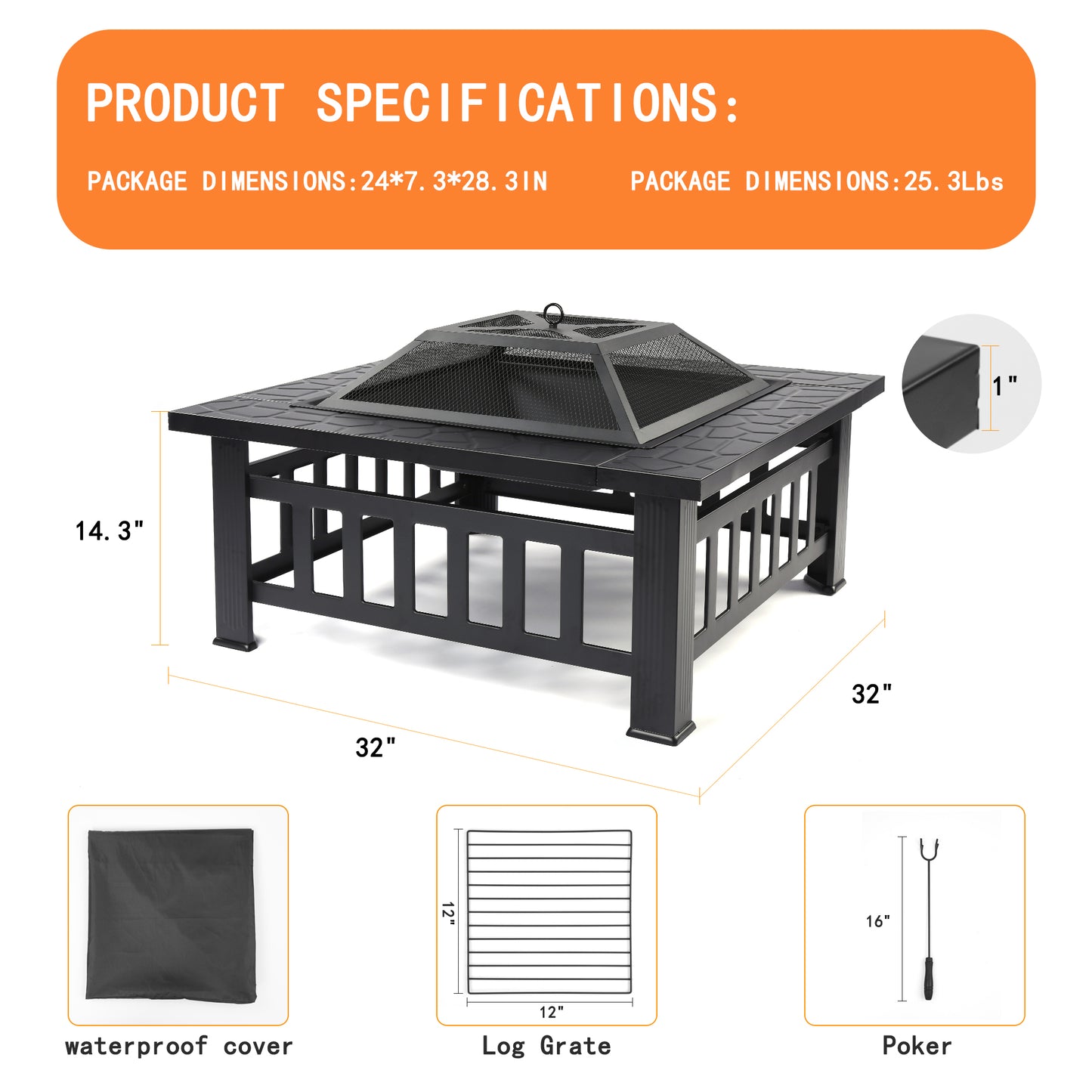 Wood Burning Fire Pit, 32" Square Metal Fire Pit for Patio with Rain Cover, Spark Screen, DT25