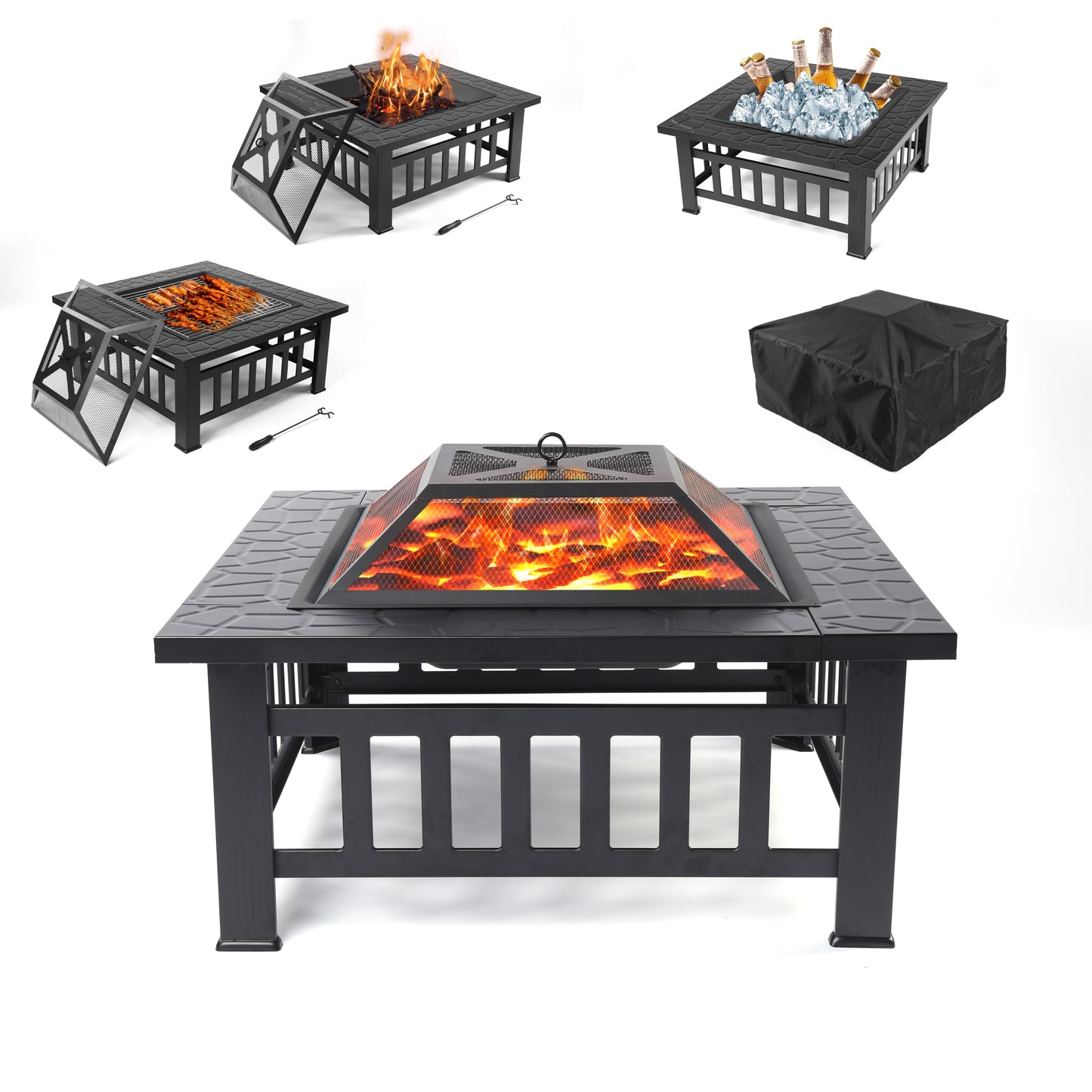 Wood Burning Fire Pit, 32" Square Metal Fire Pit for Patio with Rain Cover, Spark Screen, DT25