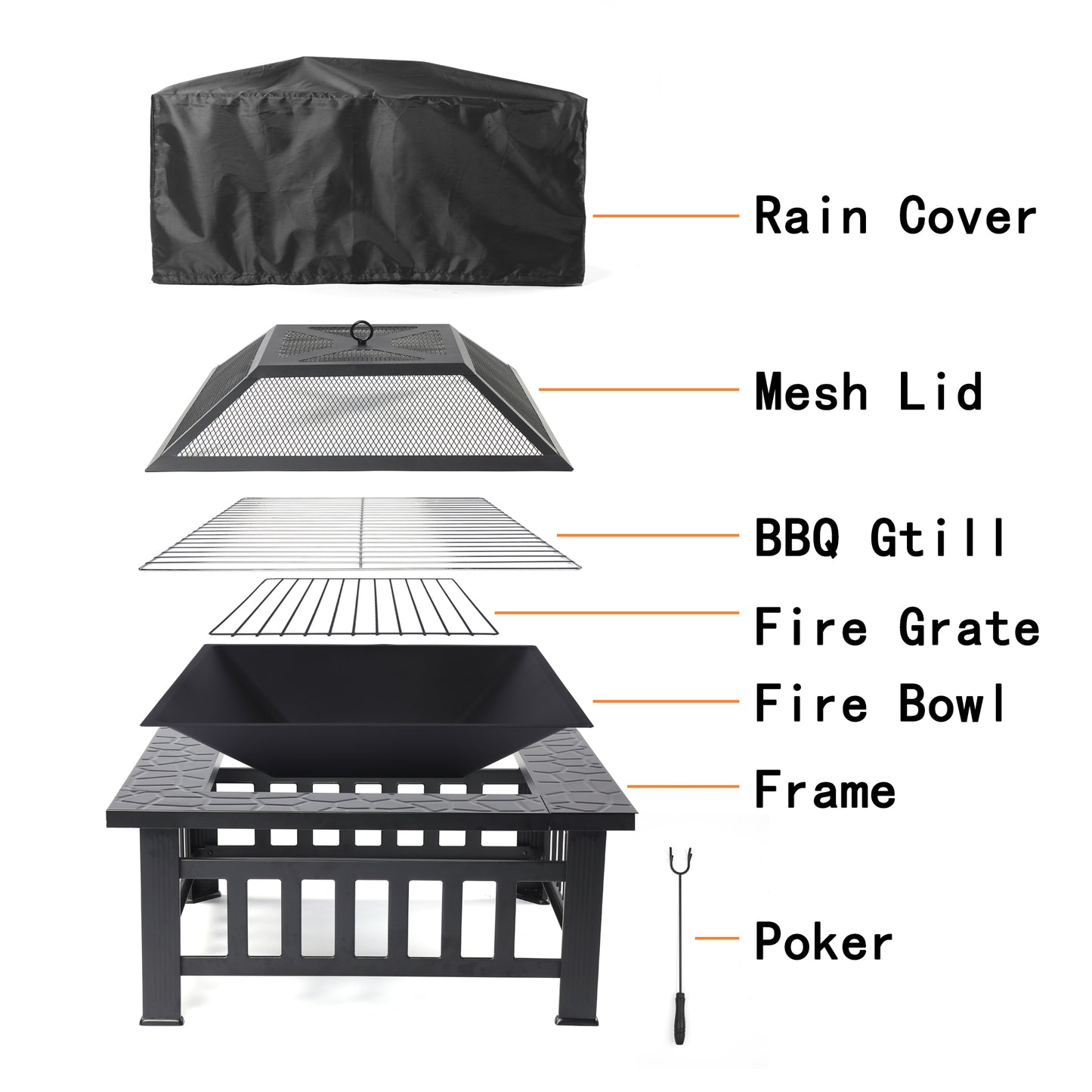 Wood Burning Fire Pit, 32" Square Metal Fire Pit for Patio with Rain Cover, Spark Screen, DT25