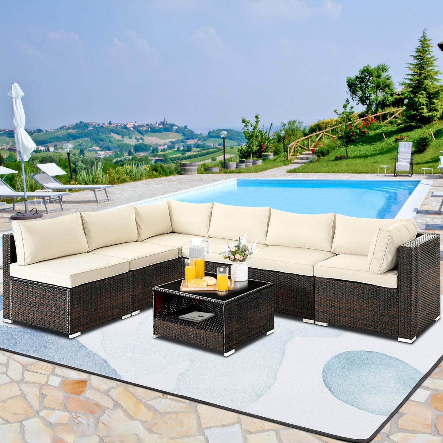 7 Pcs Patio Couch Sets, Black Rattan Outdoor Sectional Furniture with Navy Blue Cushions and Coffee Table, Patio Seating Sets for Garden Deck Backyard