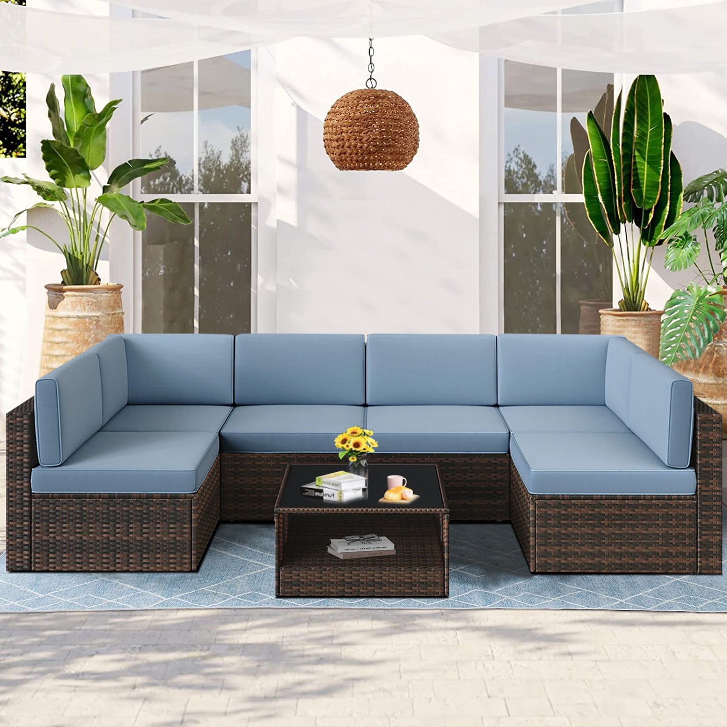 7 Pcs Patio Couch Sets, Black Rattan Outdoor Sectional Furniture with Navy Blue Cushions and Coffee Table, Patio Seating Sets for Garden Deck Backyard