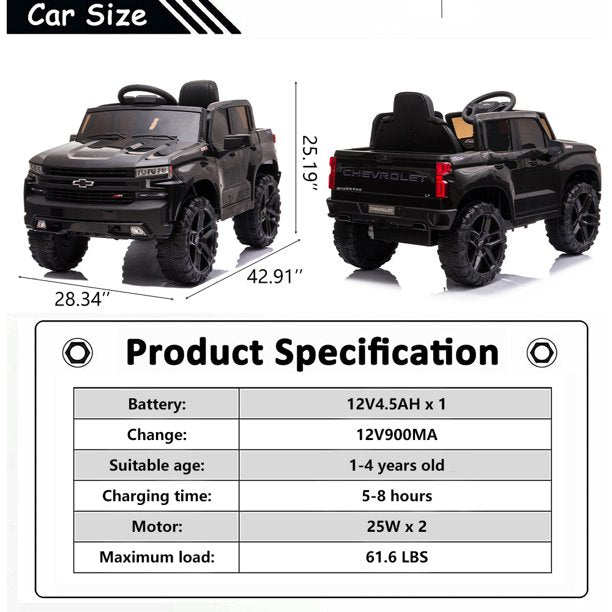 Chevrolet Silverado Kids Ride on Car, 12V Ride on Toy with Remote Control, Spring Suspension, Safety Belt, Electric Car with MP3 Player, LED Lights, X439