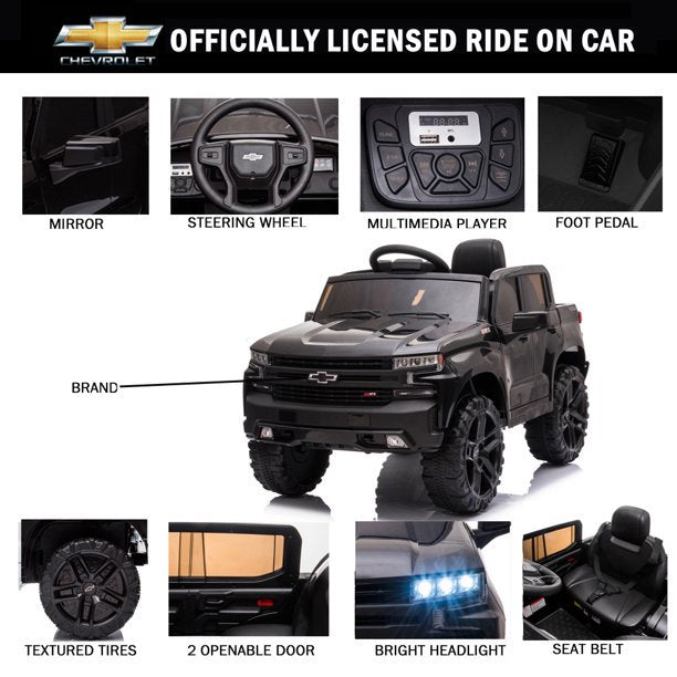 Chevrolet Silverado Kids Ride on Car, 12V Ride on Toy with Remote Control, Spring Suspension, Safety Belt, Electric Car with MP3 Player, LED Lights, X439