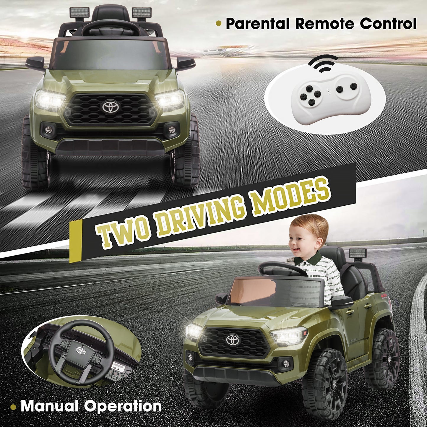 12V Kids Ride-on Truck, Toyota Tacoma Remote Control Electric Ride On Car for Boys Girls, Green, DT60