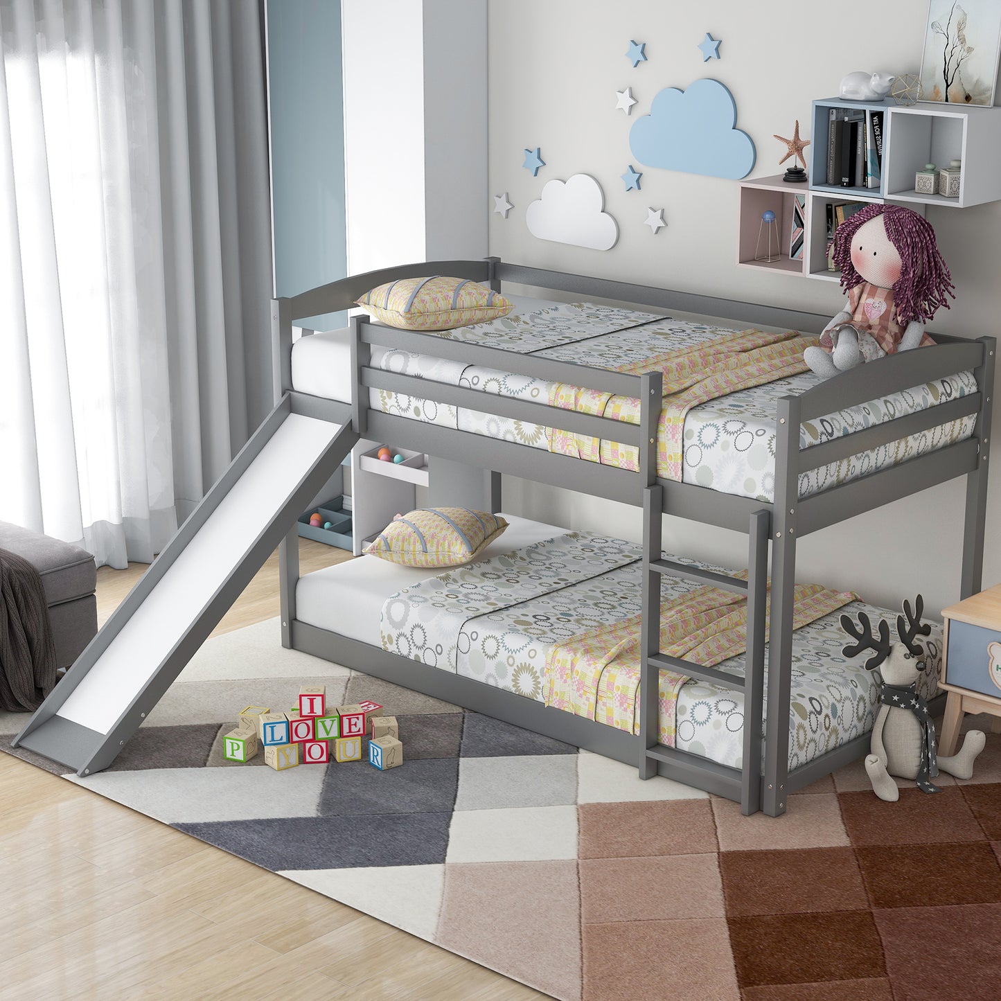 Floor Bunk Bed with Convertible Slide and Ladder, Wood Bunk Beds with Guardrail for Boys Girls Toddlers, Gray Twin Over Twin Bunk Bed, DT12