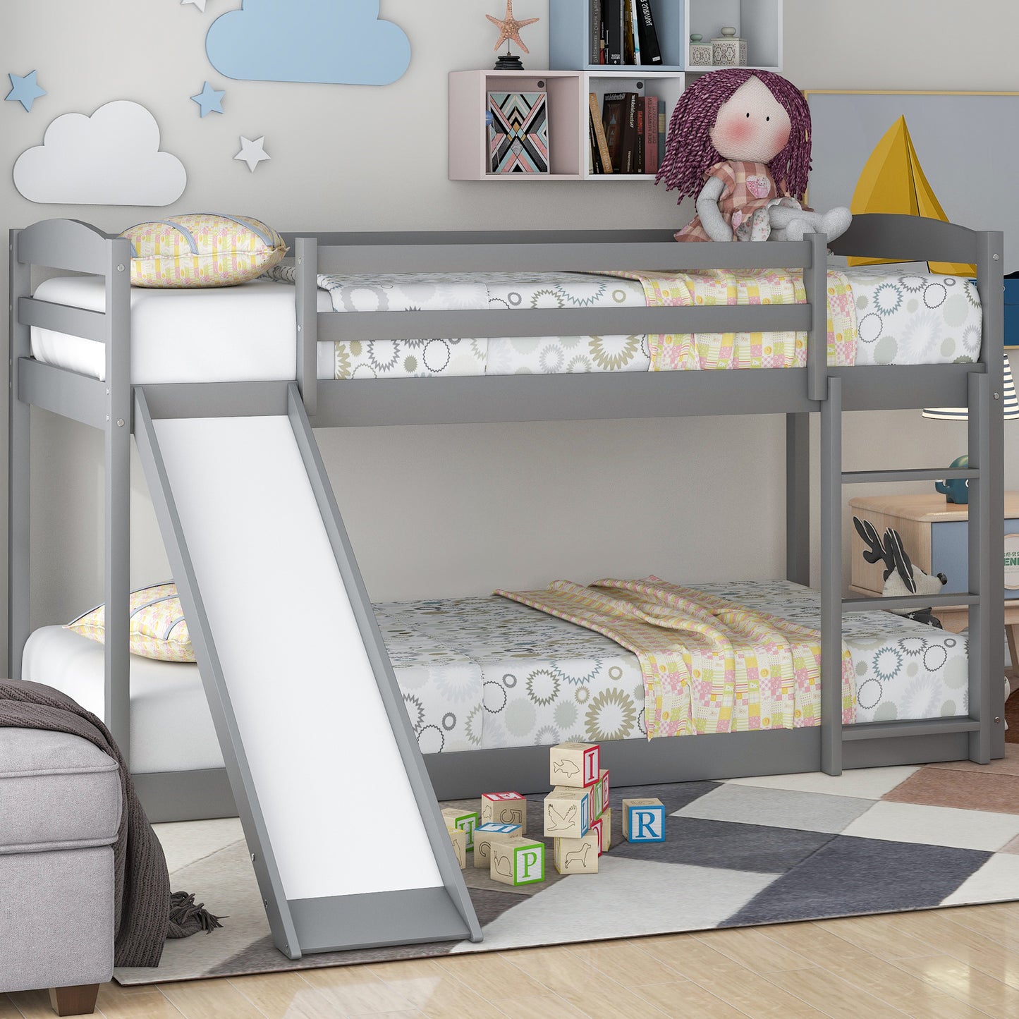 Floor Bunk Bed with Convertible Slide and Ladder, Wood Bunk Beds with Guardrail for Boys Girls Toddlers, Gray Twin Over Twin Bunk Bed, DT12